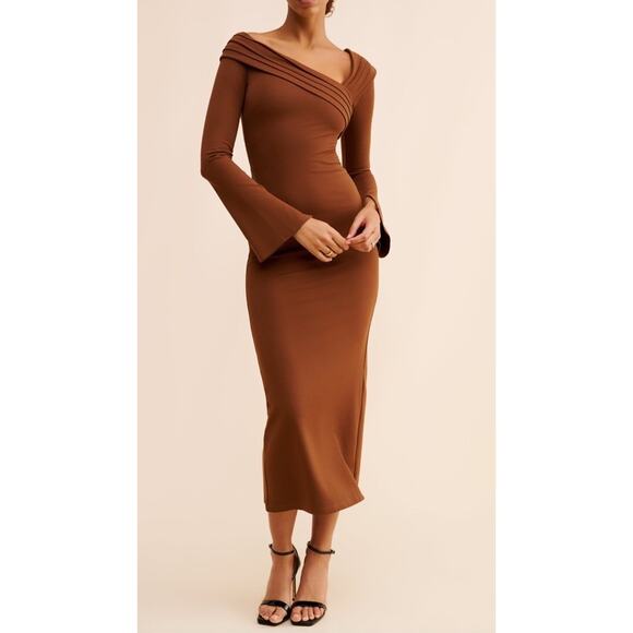 Elexiay Dresses & Skirts - Elexiay Enugu Midi Dress off-the-shoulder brown draped cowl neck Size M